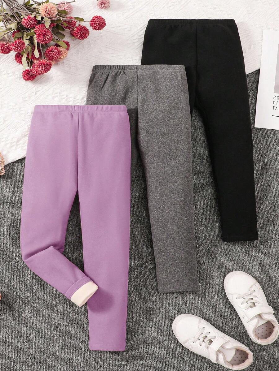 SHEIN 女童 3件組 素色針織秋冬緊身褲套裝,加厚保暖 - 紫色 - 查看 1