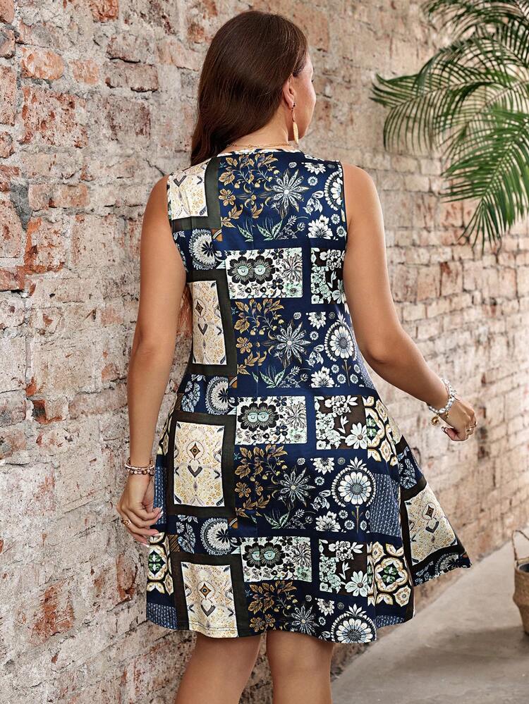 Plus Size Women's Printed Round Neck Pullover Dress