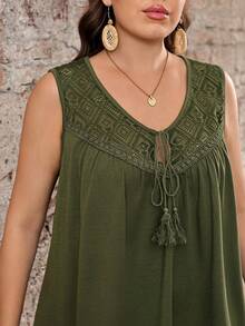EMERY ROSE Plus Size Women Summer Casual Vacation Country Solid Color Pleated Casual Versatile Daily Wear Tank Top Green Vest,Country Concert Outfit,Festival Outfits For Women,Festa Junina - Army Green - View 7