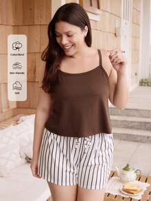 Doze Lane Plus Size Casual Striped Camisole & Shorts Pajama Set - Multicolor - View 7