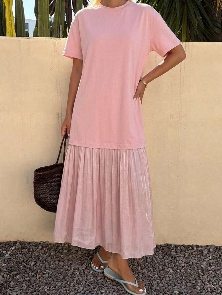 DAZY 女款夏季圓領短袖蕾絲拼接度假風休閒長洋裝太陽裙 - 粉色 - 查看 1
