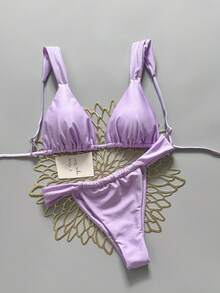 Swim Basics Women's Summer Beach Solid Color Sexy Bikini Two-Piece Swimsuit Set - Mauve Purple - View 1