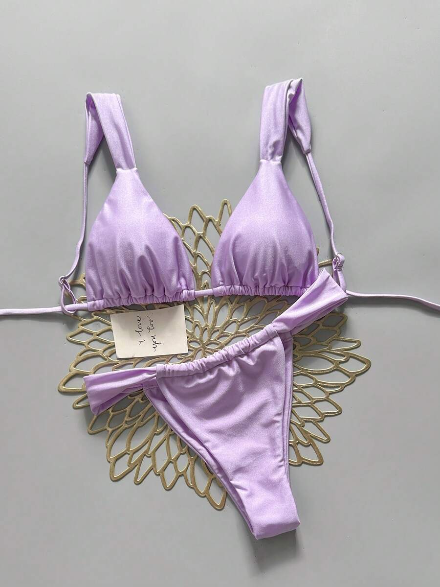 Swim Basics Women's Summer Beach Solid Color Sexy Bikini Two-Piece Swimsuit Set - Mauve Purple - View 1