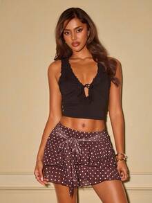 SHEIN ICON Women's Multi-Layer Ruffle Trim Low Rise Y2K Mini Black Skirt - Brown - View 4