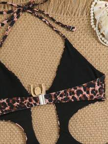 Swim SXY Traje de baño de una pieza con estampado aleatorio, cuello halter, corte alto y recortes - Multicolor - Ver 4