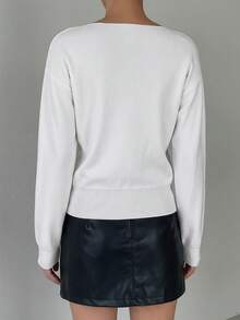 DAZY Solid Color Off-Shoulder Short Sleeve Fitted Knit Top For Women - White - View 2