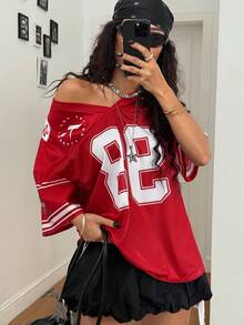 SHEIN PETITE CURVE 大尺碼女款復古優雅休閒Y2K街頭風網格數字圖案棒球T恤，紅白條紋，適合夏季度假與戶外穿著，適用於日常通勤、派對、婚禮、海灘、畢業典禮、聖誕節、新年、感恩節、時尚出遊、預約、通勤、亮面、情人節、度假及其他場合。運動 - 紅色 - 查看 8