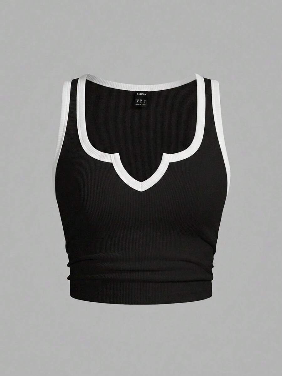 Slaydiva Top de tirantes casual acanalado con cuello en V con muesca y bloques de color para mujer talla grande - Blanco y Negro - Ver 1