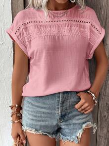 Breezaya Vacation Casual Solid Color Lace Patchwork Shirt - Baby Pink - View 7