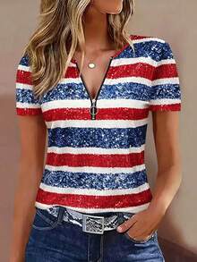 EMERY ROSE Contrast Color Striped Sequin Print Women's T-Shirt, V-Neck Zipper Design - Multicolor - View 3