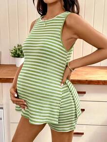 SHEIN Maternity Striped Round Neck Side Slit Hem Tank Top And Adjustable Waist Shorts 2 Pieces Set - Green - View 6