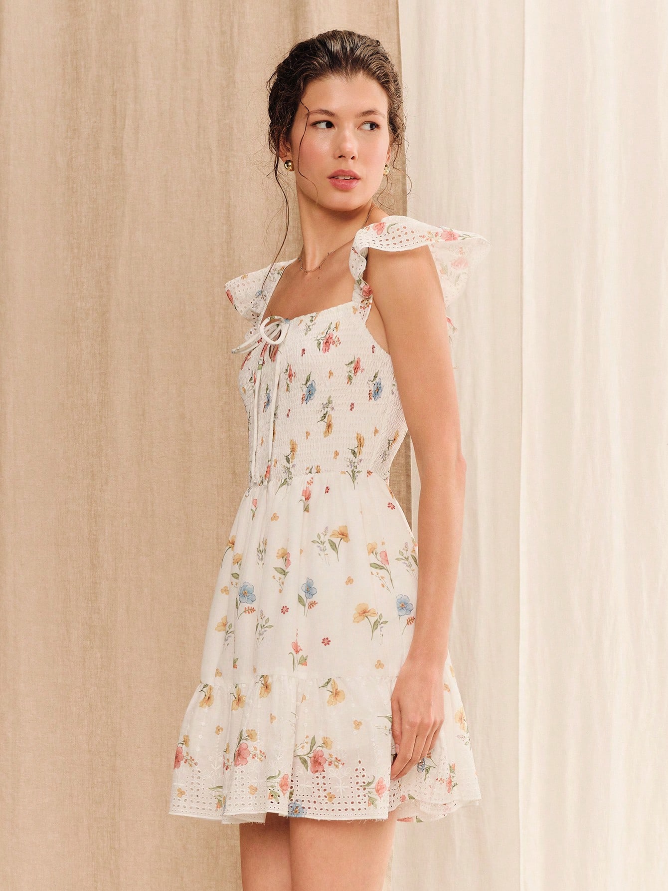 White Floral Embroidered Mini Dress Going Out Summer Holiday Casual French Style Dress Ruffle Dress