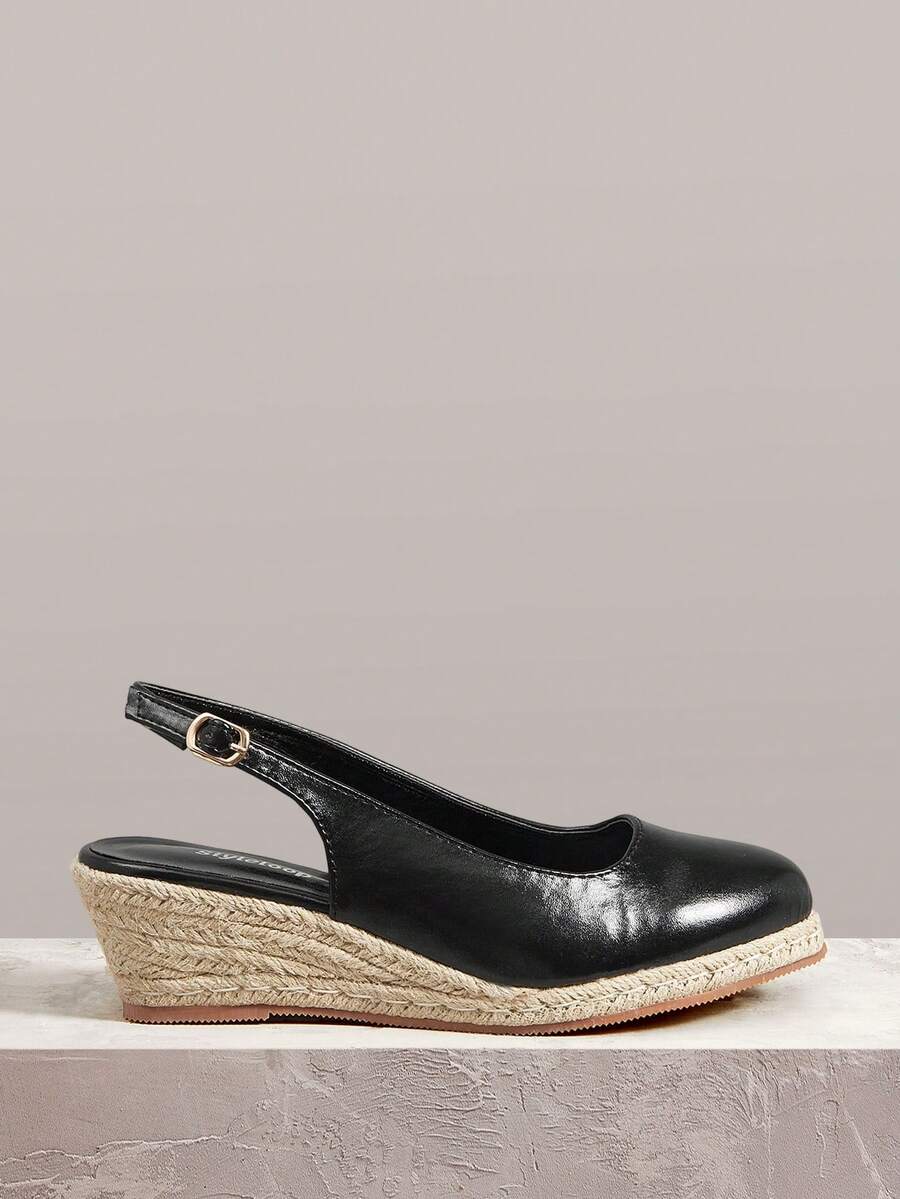 Styleloop Ladies Hemp Rope Black Back Lift With Wedge Heel Platform Shoes Elegant And Comfortable Casual Beach Wind Bottom Bohemian Rear Simple Empty Shoes - Black - View 1