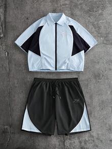 AXEPEAK Men's Summer Casual Colorblock Shirt And Shorts Set - Baby Blue - View 2