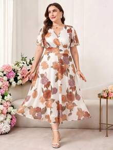 Reflora Plus Size Women Floral Print Short Sleeve Elegant Dress - White - View 3