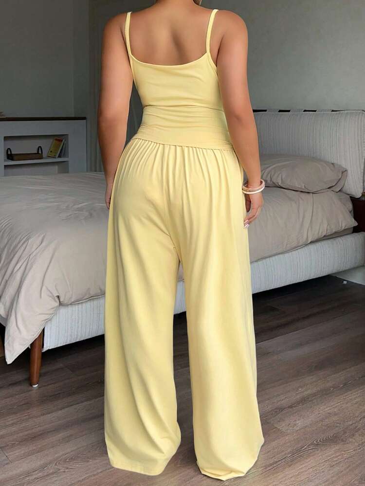 Dazy Plus Solid Color Fitted Camisole Crop Top & Long Elastic Waist Pants Casual Blogger Street Style Yellow Plus Size Women Spring Summer 2pcs Set