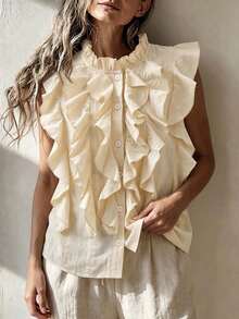Balvessa Vacation Casual Style Linen Front Ruffle Detail Open Front Sleeveless Shirt - Apricot - View 5