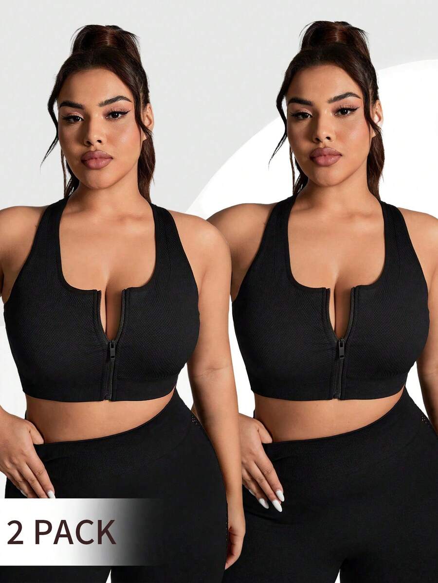 SHEIN Rhythm Era 女款大尺碼無縫黑色固定杯棉質拉鍊運動內衣 - 黑色 - 查看 1