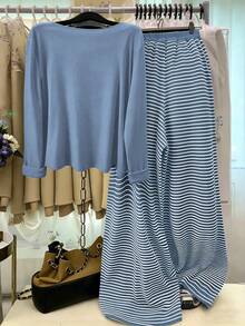 GlowEve CURVE Plus Size Solid Color Knit Cardigan, Front Button Closure, Striped Fitted Drawstring Decor, Elegant Casual Commute Daily Wear Pants Fall - Blue and White - View 2