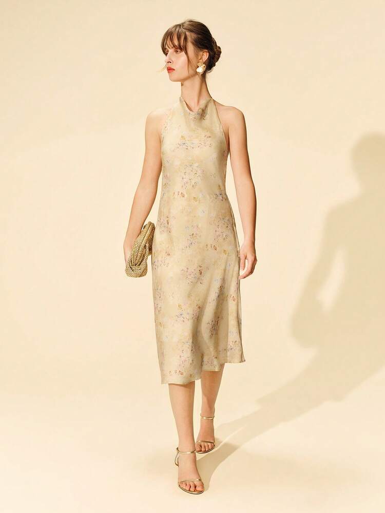 Butter Yellow Floral Halter Neck Midi Satin Dress Occasion Premium Wedding Guest Bridesmaid Dress