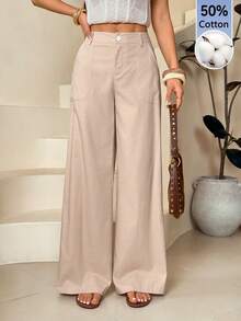 SHEIN PETITE Plain Color Casual Pants With Pockets, Minimalist Design, Versatile Daily Wear With Belt Loops ,Petite Women - Khaki - View 5
