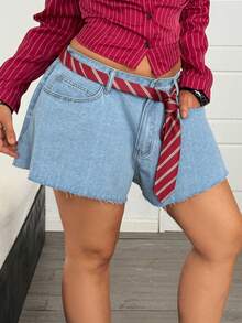 Jeanoix Plus Size Women Y2K 90s Casual Formal Style Denim Shorts With Ruffle Hem Wide Leg Tie-Waist Washed Light Blue Back-To-School Graduation Summer - Light Wash - View 6