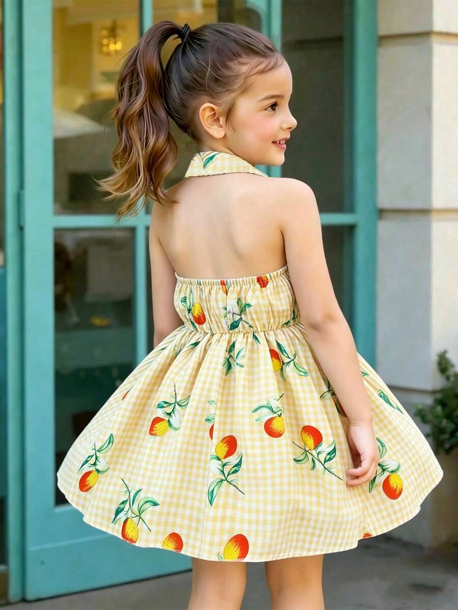 SHEIN Elladie kids 女童柠檬水果数码印花POLO领无袖露背露腰连衣裙,面料柔软,款式可爱甜美,适合春夏季休闲、上学、度假、派对等场合穿着。 - 黃色 - 查看 1