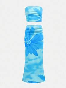 Tween Girl Fitted Casual Minimalist Comfortable Tie Dye Floral Print Cropped Tube Top And Bodycon Skirt Set - Baby Blue - View 1