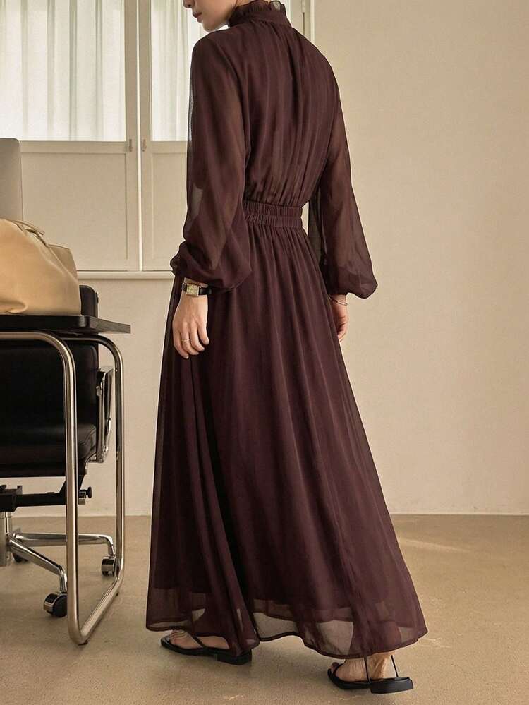 Women's Solid Color Mandarin Collar Lantern Sleeve Elegant 2-Piece Set, Suitable For Spring & Summer