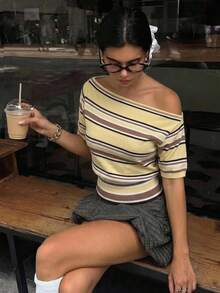 Aloruh Women's Spring New Contrast Color Striped Brown And Blue Short Sleeve Loose Top Tight Bottom Sweater - Multicolor - View 1