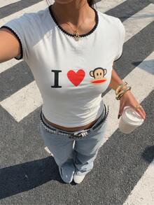 Muchica Paul Frank X SHEIN 新款時尚女款對比滾邊 IP 聯名「I Love」標語印花圓領短袖休閒百搭 T-Shirt，適合夏季日常通勤、約會、聚會 - 棕色 - 查看 3