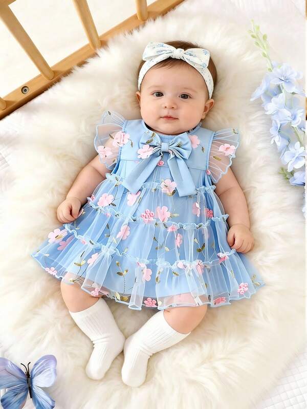 SHEIN Baby Girls' Fashionable Casual Floral Print Bow Decor Cake Dress, Suitable For Spring, Summer, Autumn, Home, Vacation, Festivals, Parties, Daily Wear