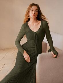 MOTF PREMIUM V-NECK TIE FRONT SHEER LONG DRESS - Army Green - View 5
