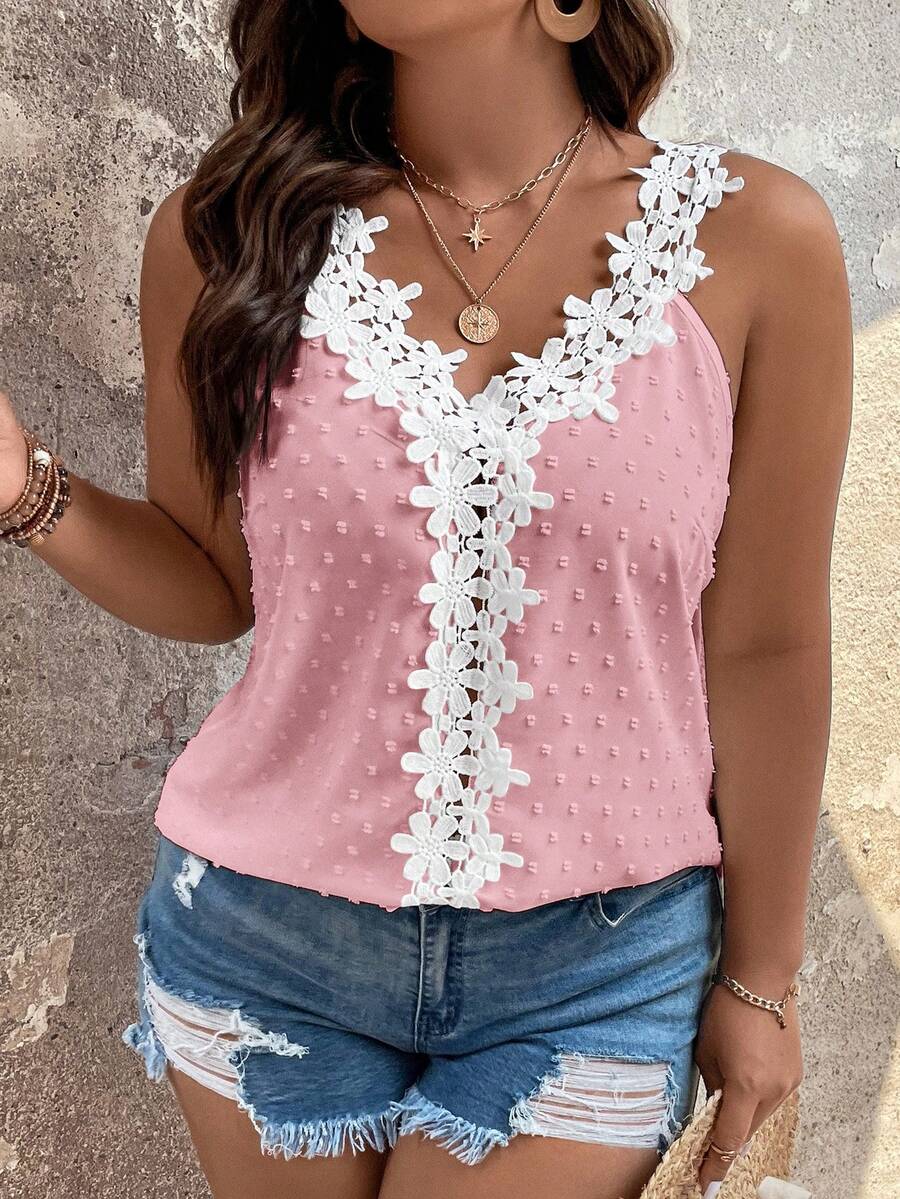 Ceyna Top casual versátil de uso diario con patchwork de encaje para mujer talla grande - Rosa - Ver 1