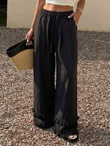 DAZY Women's Solid Color Drawstring Waist Casual Versatile Daily Wear Pants Vacation Black Autumn - Black - View 2