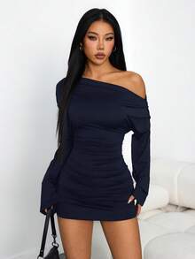 SHEIN PETITE 女款時尚性感純色不對稱領口迷你洋裝，適合嬌小女性 - 藏蓝色 - 查看 4