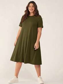 SHEIN BASICS 大尺碼休閒素色短袖洋裝，夏季 - 軍綠色 - 查看 1