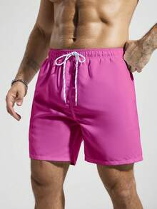 Manfinity KASUA Men's Solid Color Casual Beach Shorts For Vacation, Holiday - Hot Pink - View 5