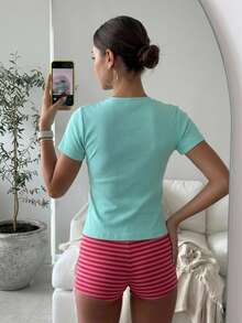 DAZY Summer Casual Versatile Solid Color Short Sleeve T-Shirt - Green - View 2