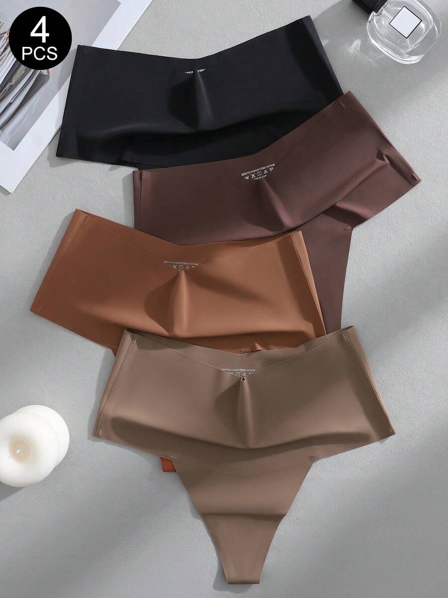 SHEIN 4件裝女款無縫素色中腰丁字褲 - 彩色 - 查看 1