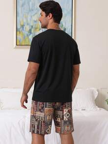 DAZY Summer Multi-Color T-Shirt With Pockets Paired With Dark Grey Shorts, Men's Casual Homewear Set - Multicolor - View 2