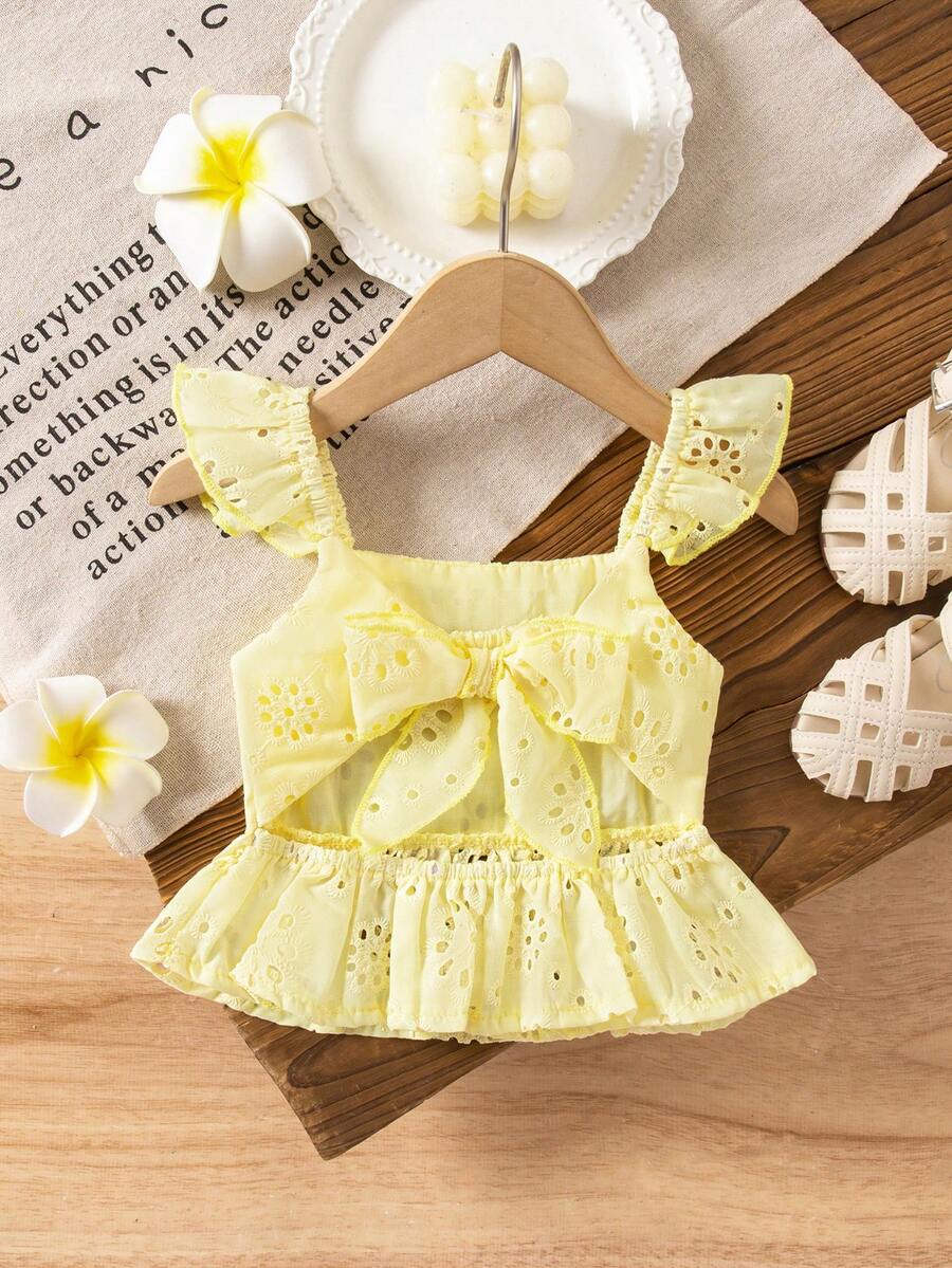 SHEIN LMoss Kids 女嬰可愛夏季度假百搭刺繡蝴蝶結背心上衣 - 芥末黃 - 查看 1