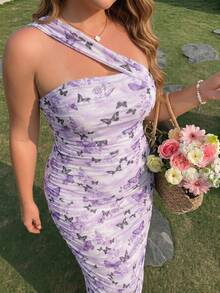 SHEIN MOD 大尺碼女款優雅紫色夏季洋裝，蝴蝶與花卉印花單肩貼身中長洋裝，抓皺網紗婚禮賓客派對穿搭 - 紫色 - 查看 2