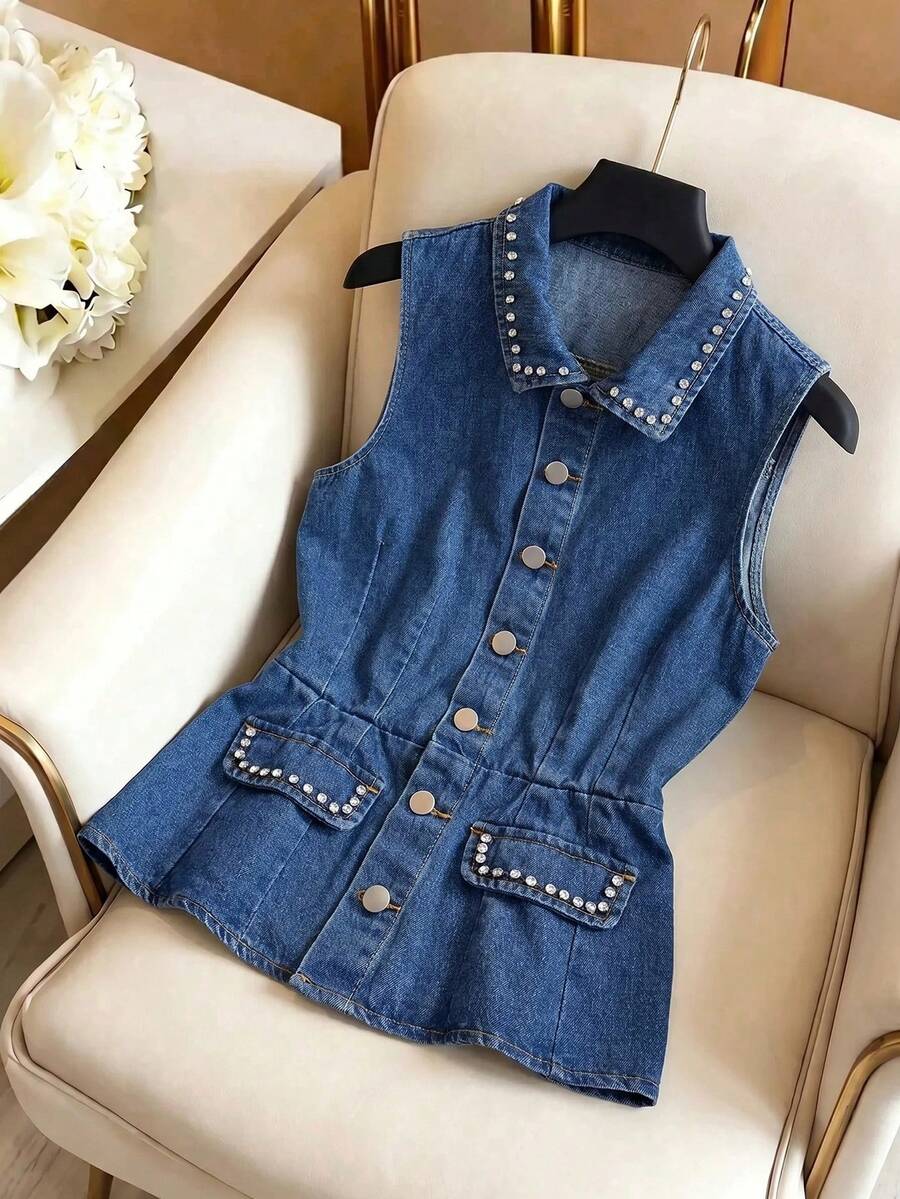 GlowEve Women's Rhinestone Decor Front Button Sleeveless Casual Denim Jacket - Blue - View 1