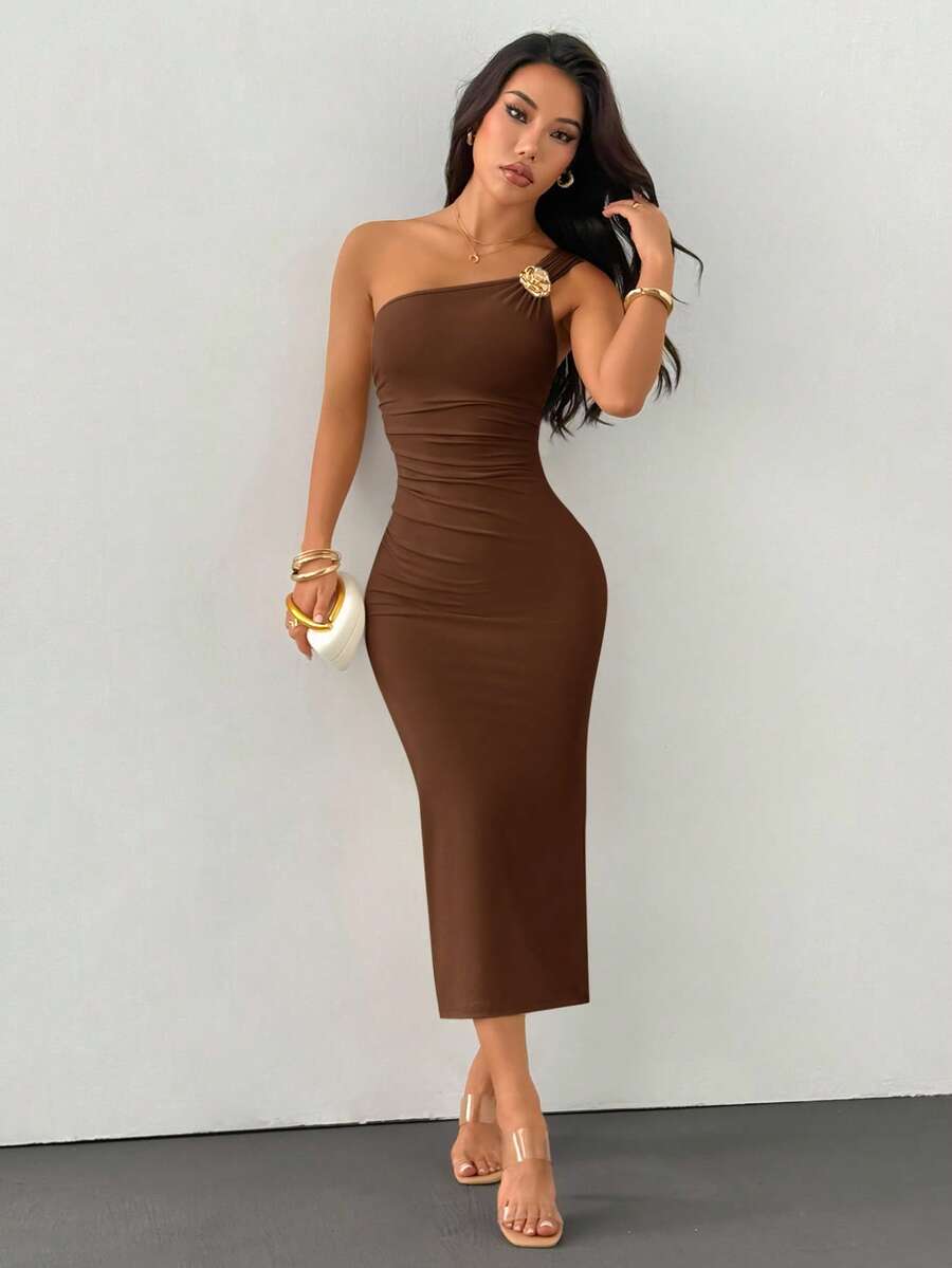 SHEIN PETITE Gold Color Brooch Decor Asymmetric Neck Ruched Fishtail Dress ,Petite Women - Mocha Brown - View 1