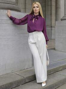 Elenary Edit Damen elegante Pendler Chiffon Bluse mit tiefem V-Ausschnitt und Schleife, Langarm - Violett - Übersicht 4