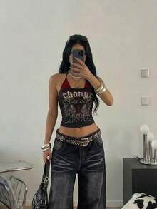 SHEIN ICON Regata feminina preta de verão Y2K com estampa de letras e cruz, sem mangas e gola alta. - Multicolorido - Ver 1