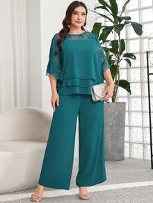 Reflora Bộ đồ 2 mảnh thanh lịch dành cho nữ cỡ lớn, gồm áo tay lửng 3/4 và quần ống rộng, chất liệu lưới thêu họa tiết. - Màu xanh ngọc - Xem 10