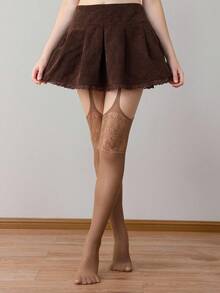 ROMWE Goth 1Pair Dark Punk Coffee On Flower Lace Garter Fishnet Socks - Coffee Brown - View 8