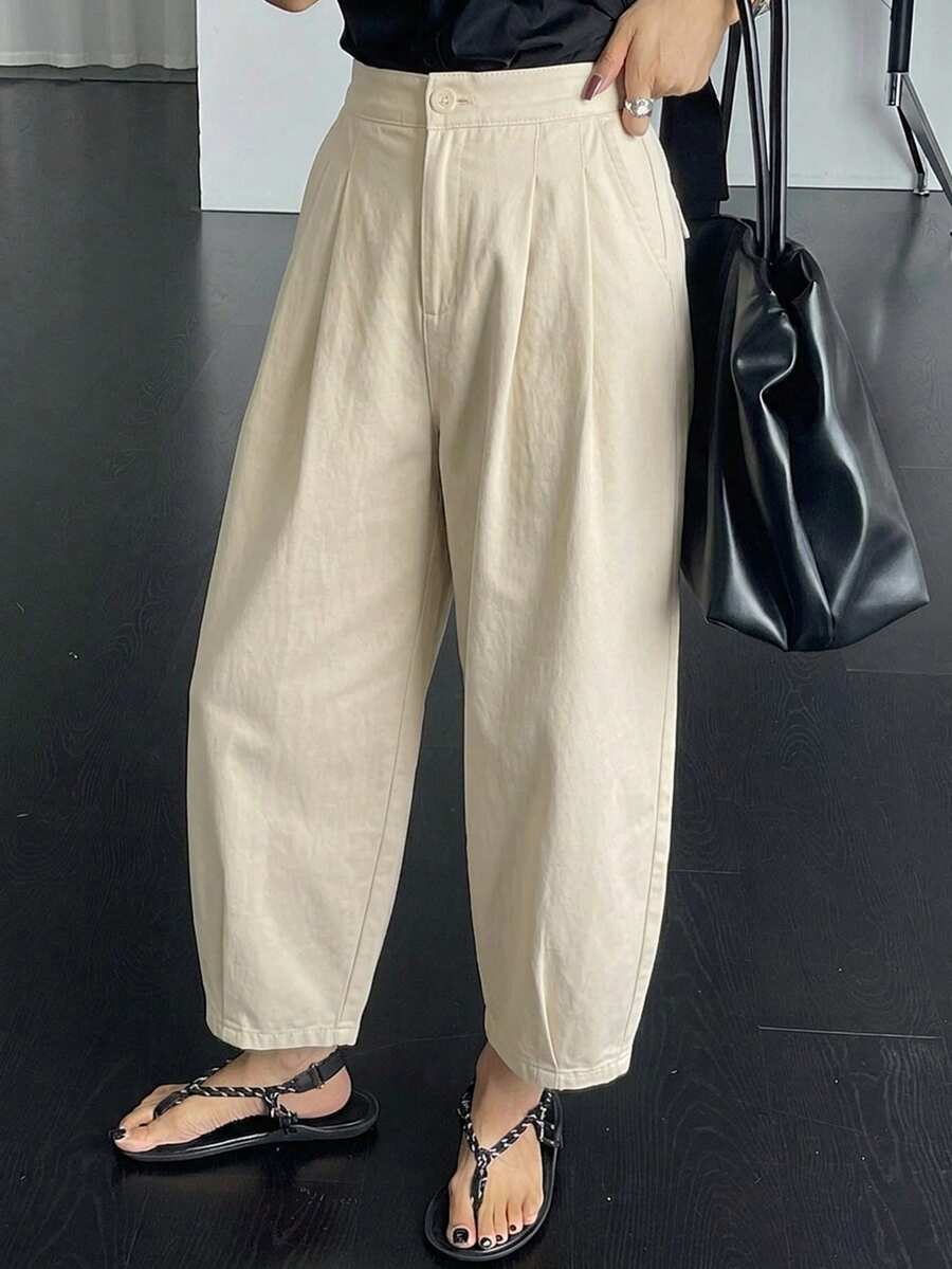 DAZY 女款純色百褶錐形商務休閒長褲 夏季 - 駝色 - 查看 1